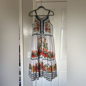 Farm Rio Colorful Floral White Button Down Dress with Blue Trimming